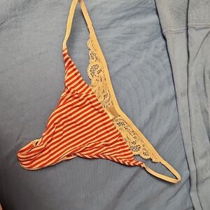 Striped Red and Cream Lace Trim Thong